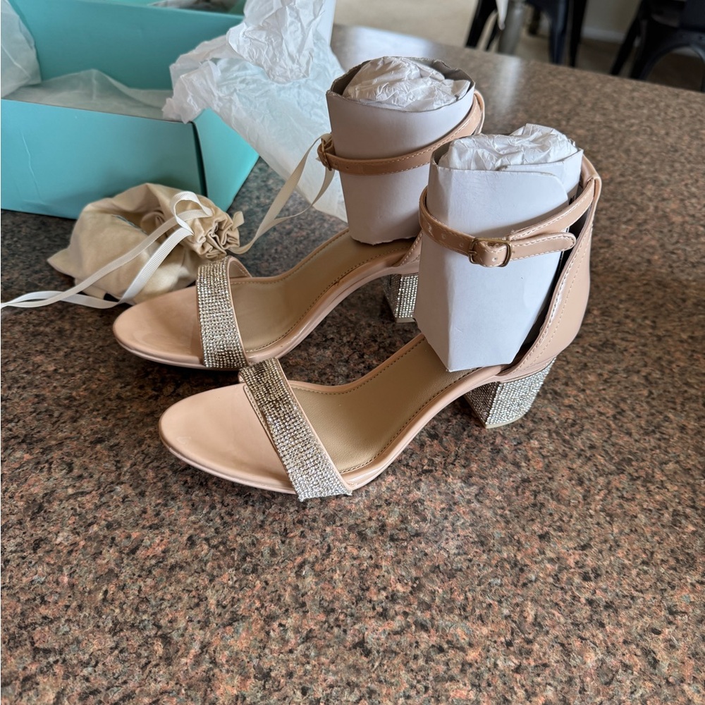 Pashion Footwear Pashionista 3” Block Sand Patent Rhinestone Size 8